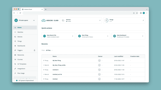 The Arduino Cloud home page.