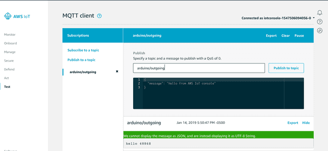 In the "Subscribe topic" text box enter **arduino/outgoing** then click "Subscribe to topic.