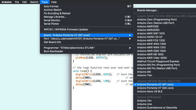 Uploading the BlinkRedLed_M7 sketch to the M7 core