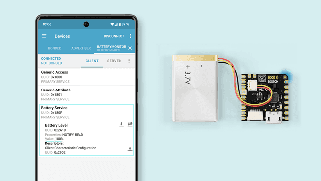 Battery level monitored from the nRF Connect app